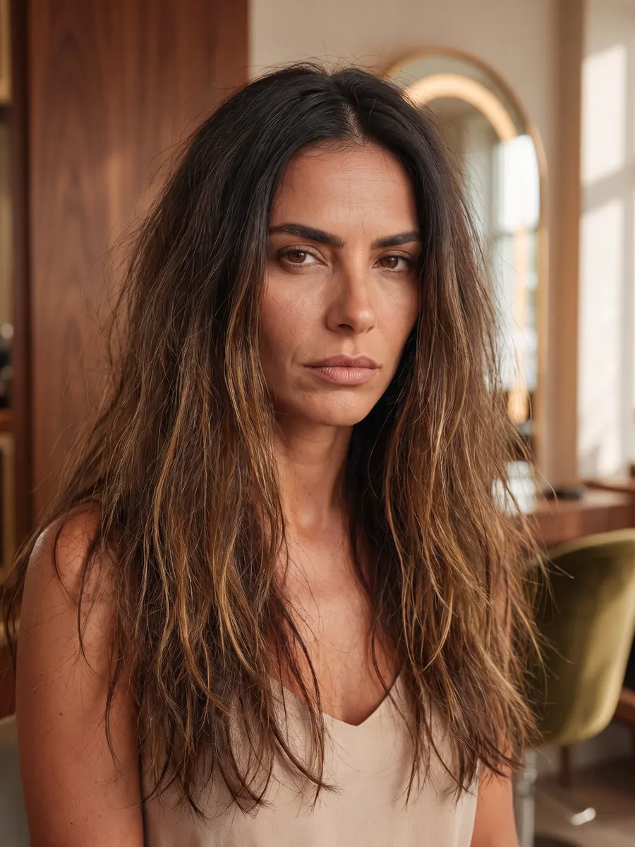 Antes: cabelo opaco, com frizz e raiz aparente