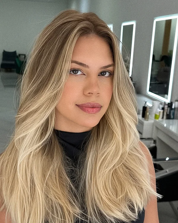 Madeixas loiro claro em cabelo longo, feitas no salão